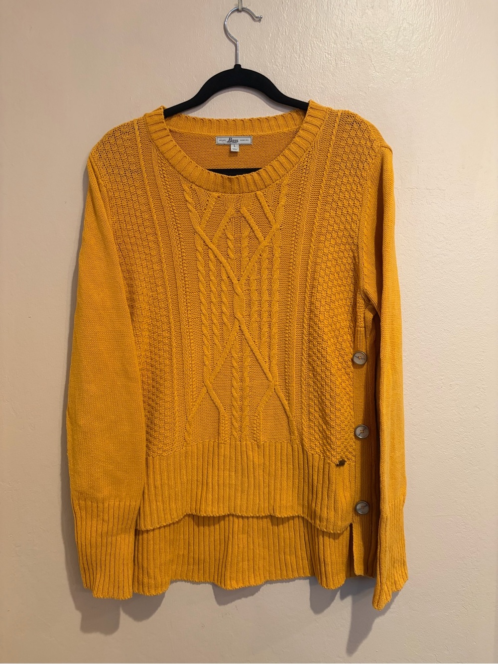 Bass Mustard Yellow Cable Knit High Low Sweater w/ Side Buttons, size L